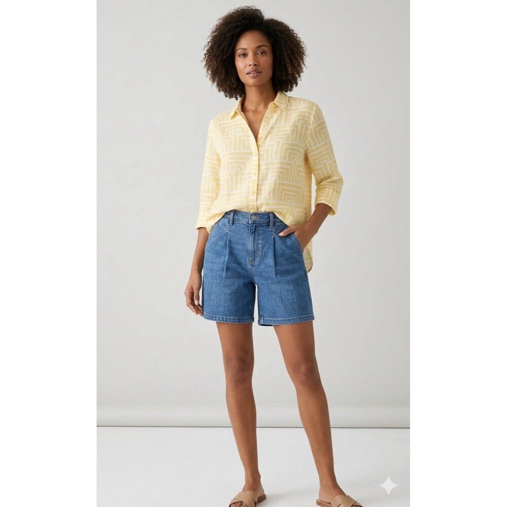 Chico's Yellow Linen Shirt 2.5 Large   Coastal Grandmother Geometric No Iron Top